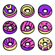 © DeShoff - colorful cartoon donut set with glaze and sprinkles, cute hand drawn food collection, vector illustration isolated on white background