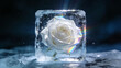 © 张 强 - White rose frozen in clear ice block, pure and elegant still life.