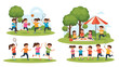 © Jack - Multiple scenes of active children playing sports running and enjoying a peaceful picnic together in a bright green park.