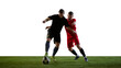 © master1305 - Soccer player shielding ball from opponent during close defense on white background. Concept of defensive pressure, coaching visuals, match analysis, sports marketing and media use.