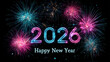 © bephoto - 黒背景にネオンの2026と花火を大きく配置し、Happy New Yearの輝きを添える