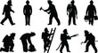 © Rokeya - Firefighter silhouette set showing emergency response actions, fire rescue equipment poses, black isolated figures for safety illustration, training graphics, and occupational design