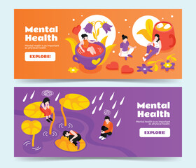 Mental health horizontal banner in isometric illustration style