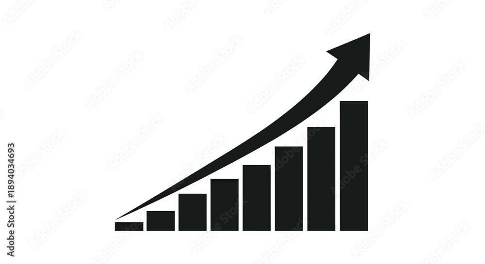 A striking black graphic depicts a rising bar chart with an upward ...