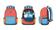 © Laboni - Set of three backpack illustrations showing the front view, interior with school supplies, and side profile in a red and blue color scheme.