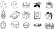 © Nushratlisha - Ramadan icons set featuring islamic mosque minaret and prayer beads and quran and lantern and crescent moon and star and dates and tea and coffee and ketupat and ramadan kareem and eid mubarak theme