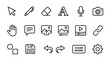 © Rafel - Vector Icon Set of Virtual Classroom Whiteboard Tools in Minimalist Line Art Style, Featuring Cursor, Pen, Eraser, Microphone, Camera, Chat, Video, and Save Icons for Online Education Software