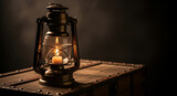 Nostalgic antique brass lantern with flickering candle on weathered wood, in a cinematic, moody close-up. Evokes somber, contemplative warmth, ideal for quiet Ramadan nights, historical,