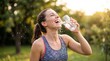© Sabah - Happy woman laughing splashing water on face. Summer refreshment hydration concept. Sporty fitness girl cooling down. Healthy lifestyle. Joyful female drinking. Nature park sun.