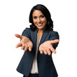 © Segati - A smiling businesswoman extending her hands in a welcoming gesture against a solid