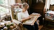 © Gab - Elderly woman doing detailed embroidery needlework indoors, cozy craft room with sunlight, cat sleeping nearby, skeins of yarn, handmade quilts, peaceful creative senior lifestyle at home