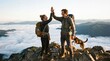 © Gab - Adventurous couple reaching mountain summit high five achievement, scenic view above clouds, teamwork and success in hiking, travel lifestyle with dog on rocky peak, mountaineering victory moment