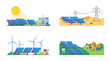 © Aether - Vector set of four scenes showing solar panel energy farms, wind turbines, battery storage, and EV charging stations for sustainable renewable power in a flat, vibrant, and modern style.