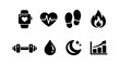 © 4zevar - Fitness icons: smartwatch, heartbeat, steps, flame, dumbbell, droplet, moon, graph