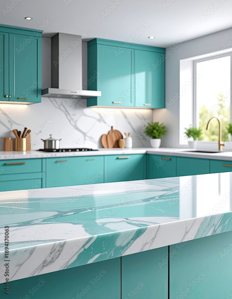 Modern kitchen featuring vibrant teal cabinetry and a striking marble ...