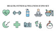 © Huzaifa - Essential vector icons representing key components of a healthy lifestyle including fitness, nutrition, rest, and medical care elements.