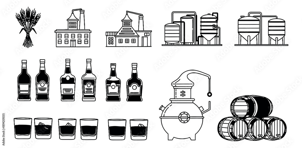 Hand drawn line art distillery icon set featuring buildings, production ...