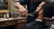© Saqib GFX - Professional male barber trimming beard in vintage barbershop. Grooming service. Stylist with scissors. Men's fashion. Haircare. Salon interior. Masculine style. Beard trim care.