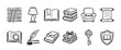 © Vlad - Set of black and white hand-drawn icons for reading and literature, featuring a library bookshelf, quill pen, scroll, armchair, and stacks of books in a simple doodle sketch style