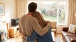 © Short World  - Affectionate couple embracing while standing inside their bright living room looking out the large window at the peaceful green garden scenery beyond the glass