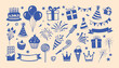 © Arshad - Blue hand drawn celebration doodles with birthday cake chocolate ice cream and festive party symbols