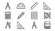 © Masum - Set of Mathematics and Geometry Tools Line Icons Featuring Compass, Protractor, Ruler, Calculator, Pencil, Grid Notebook, Abacus, and Math Books in Minimalist Vector Style on White Background.