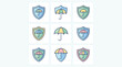 © Apu - Vector Icon Set of Insurance Symbols Featuring Umbrellas and Shields in a Flat Design Style with a Pastel Color Palette, Ideal for Business Protection, Security, and Risk Management Concepts.