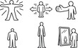 © Valentyna - Self-Perception Distortion Icons. Line style vector icons of altered self-size perception: expanding silhouette, compressed figure