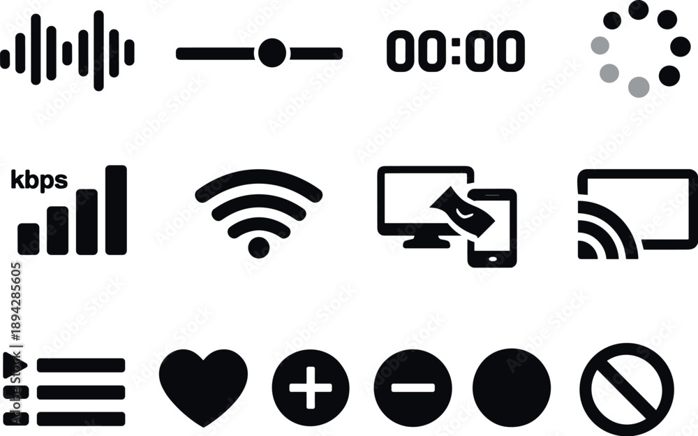 Solid vector icons of streaming playback: waveform, progress bar, time ...
