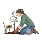 A woman planting a tree with a sign that says hope on transparent background