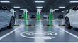 © Iwan - Modern electric vehicle charging station in a well-lit underground parking garage with designated spots.