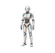 © slowbuzzstudio - White and blue humanoid robot standing calmly with glowing eyes a full body illustration