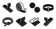 © ProAssets - Black and white glyph vector drawing of different velcro fasteners and velcro strap types, for fastening cables.