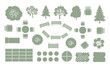 © ProAssets - Detailed garden plan view showcasing outdoor furniture, trees, benches, paving stones, and circular planting beds.