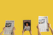 © Pixel-Shot - Women with newspapers and magazine on yellow background