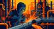 © BornThisWay - Industrial welder worker with protective helmet and sparks repairing metal pipe vector illustration.