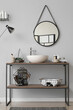 © Pixel-Shot - Table with sink bowl, bath accessories and mirror in bathroom