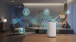 © Ryan - Abstract visualization of wireless network signal waves spreading from a router, smart home technology concept, clean modern style, soft lighting.