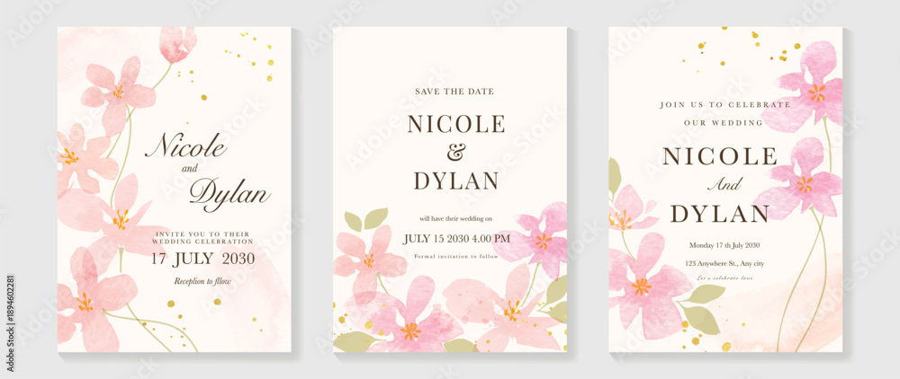 Watercolor floral wedding invitation vector set with blush pink and ...