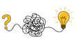 © Ayat 04 - Yellow question mark tangled line leading to glowing light bulb on white background, idea thinking, creativity, problem solving, innovation vector illustration.