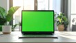 © Sardi - A modern laptop with a vibrant green screen sits on a white table, ready for creative work and digital endeavors