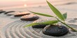 © DreamLine Studio - Zen basalt stones with green bamboo leaves and water drops on raked sand, Serene zen garden with smooth pebbles, bamboo, and dew drops at sunrise.