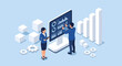 © Skyframe - Two professionals analyze metrics on a large digital dashboard in an isometric blue scene, surrounded by rising 3D bar charts and gears symbolizing strategic business growth