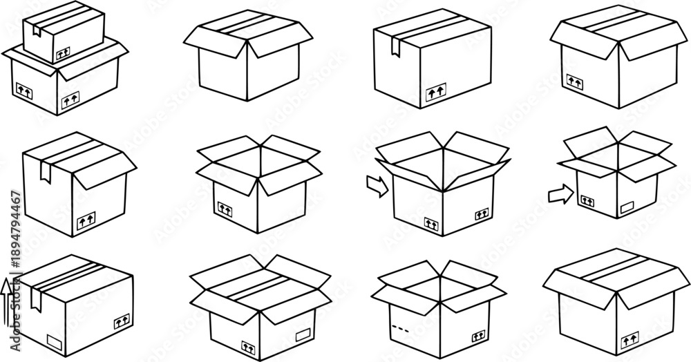 set of cardboard boxes line art, black outline, vector and illustration ...