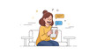 © supplement - Young caucasian female enjoying tablet communication on sofa with speech bubbles