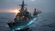 © Ai7 - Future war concept.future war battleship cyber navy digital warship glowing circuit artificial intelligence ocean fleet sunset combat technology future war battleship with cyber navy digital