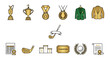 © Mahmudul - Golf championship gold award icon set with trophies, medals, and winner jackets.