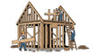 © Hanif - Construction workers building a wooden house frame together.