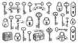 © ckybe - simple antique keys and locks assortment doodle set ready for logos labels and stickers isolated on white background