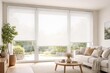 © AkuAku - Glass window decorated with white sunscreen roller blinds blocking harsh sunlight